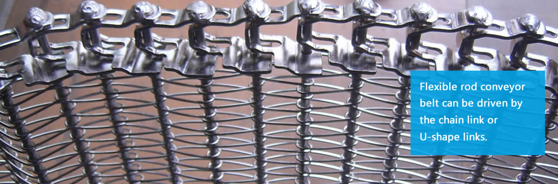 Several flexible rod conveyor belts with U-shaped edge.