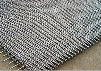 Stainless steel compound weave conveyor belt with round spiral wire.