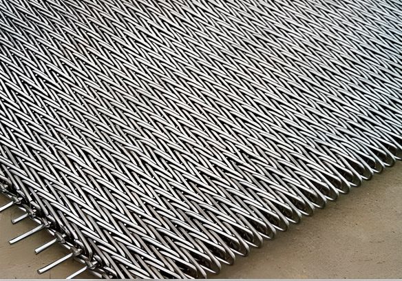 Stainless steel compound weave conveyor belt with round spiral wire.