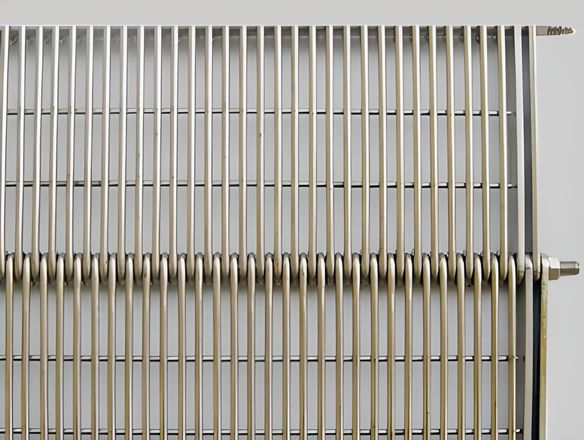 A conveyor belt with two under welded wire spacing on the white background with reinforced edge.