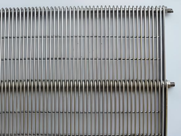 Eye link conveyor belt with two under welded wire spacing.