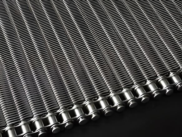 A flexible rod conveyor belt with chain link edge.