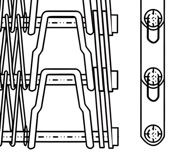 A drawing of flexible rod conveyor belt with heavy duty U-shaped and two reinforced plate edge.