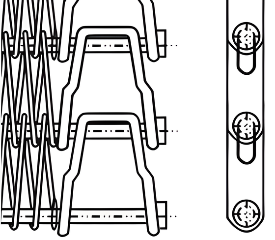 A drawing of flexible rod conveyor belt with reinforced U-shaped link edge.