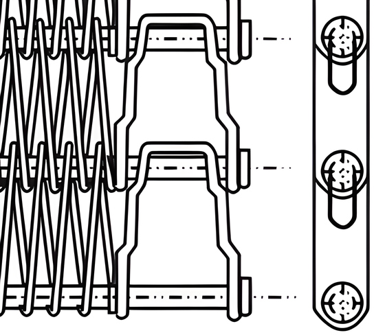 A drawing of flexible rod conveyor belt with standard U-shaped link edge.