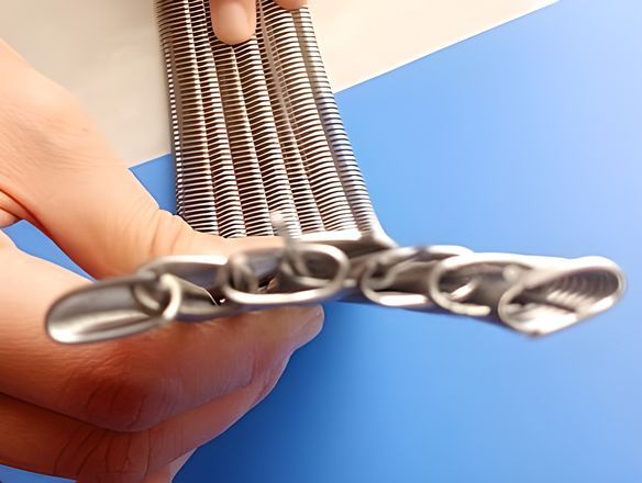 Two hands are bending a piece of metal conveyor belt.