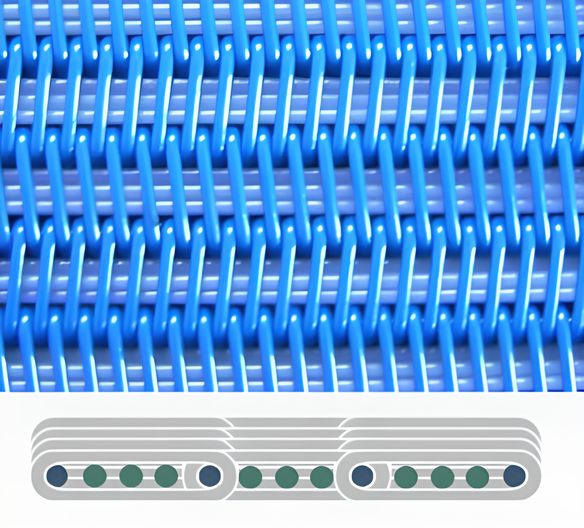 A picture and a drawing of spiral polyester conveyor belt with three insert bars.